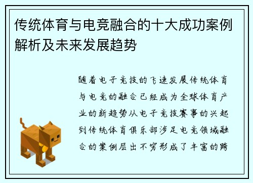 传统体育与电竞融合的十大成功案例解析及未来发展趋势