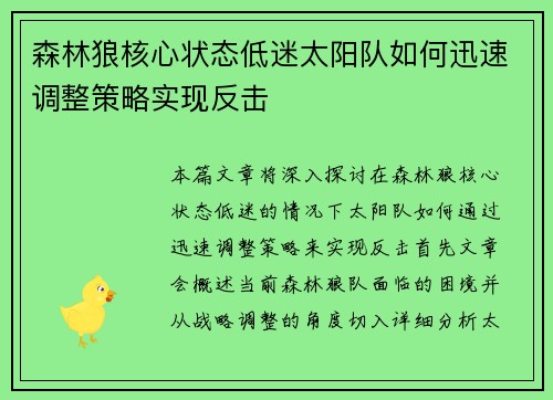 森林狼核心状态低迷太阳队如何迅速调整策略实现反击