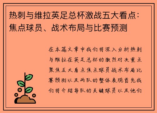 热刺与维拉英足总杯激战五大看点：焦点球员、战术布局与比赛预测